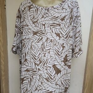 I.N. Studio Brown Leaf Print Tunic Flutter Sleeve Scoop Neck Artsy Design 3X